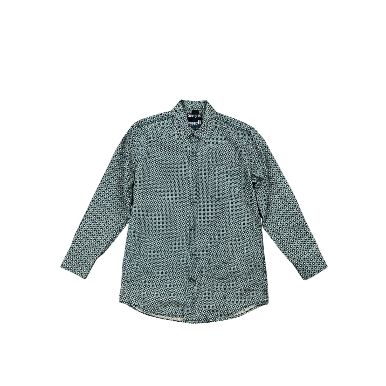 Desigual Abstract Happy Every Time Regular Fit Long Sleeve Shirt in Hunter Green, Brown, Light Cream — Size Small // Preowned