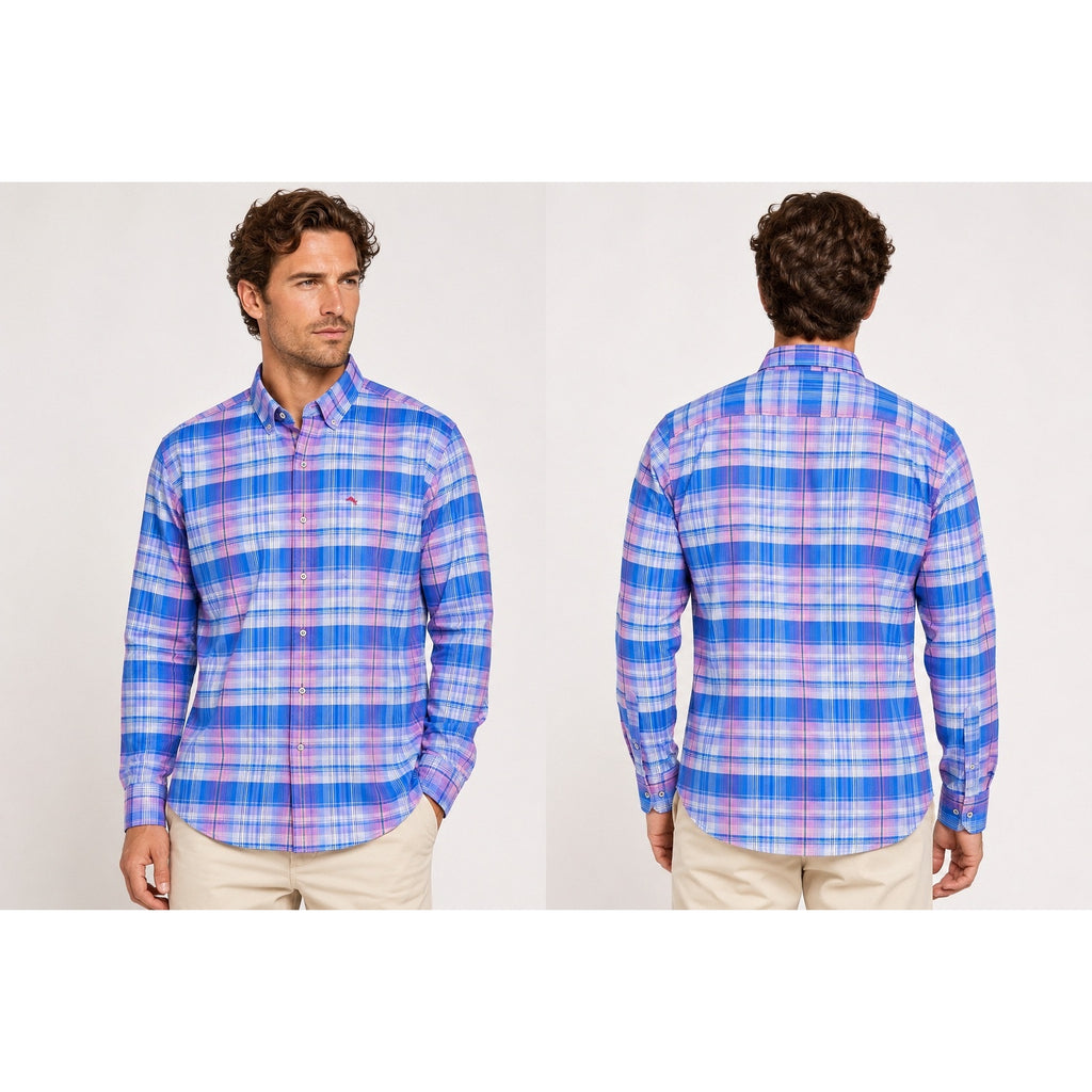 Tommy Bahama Sarasota Stretch Prismatic Plaid Long Sleeve Shirt in Blue, Pink, Green, White — Size Large // Preowned