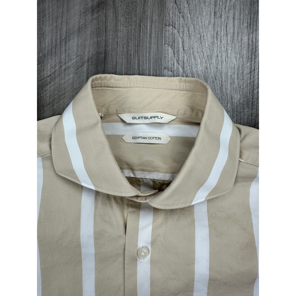 Suitsupply Albini 1876 Egyptian Cotton Extra Slim Fit Casual Long Sleeve Shirt in Tan and White — Size 14.5/15 // Preowned