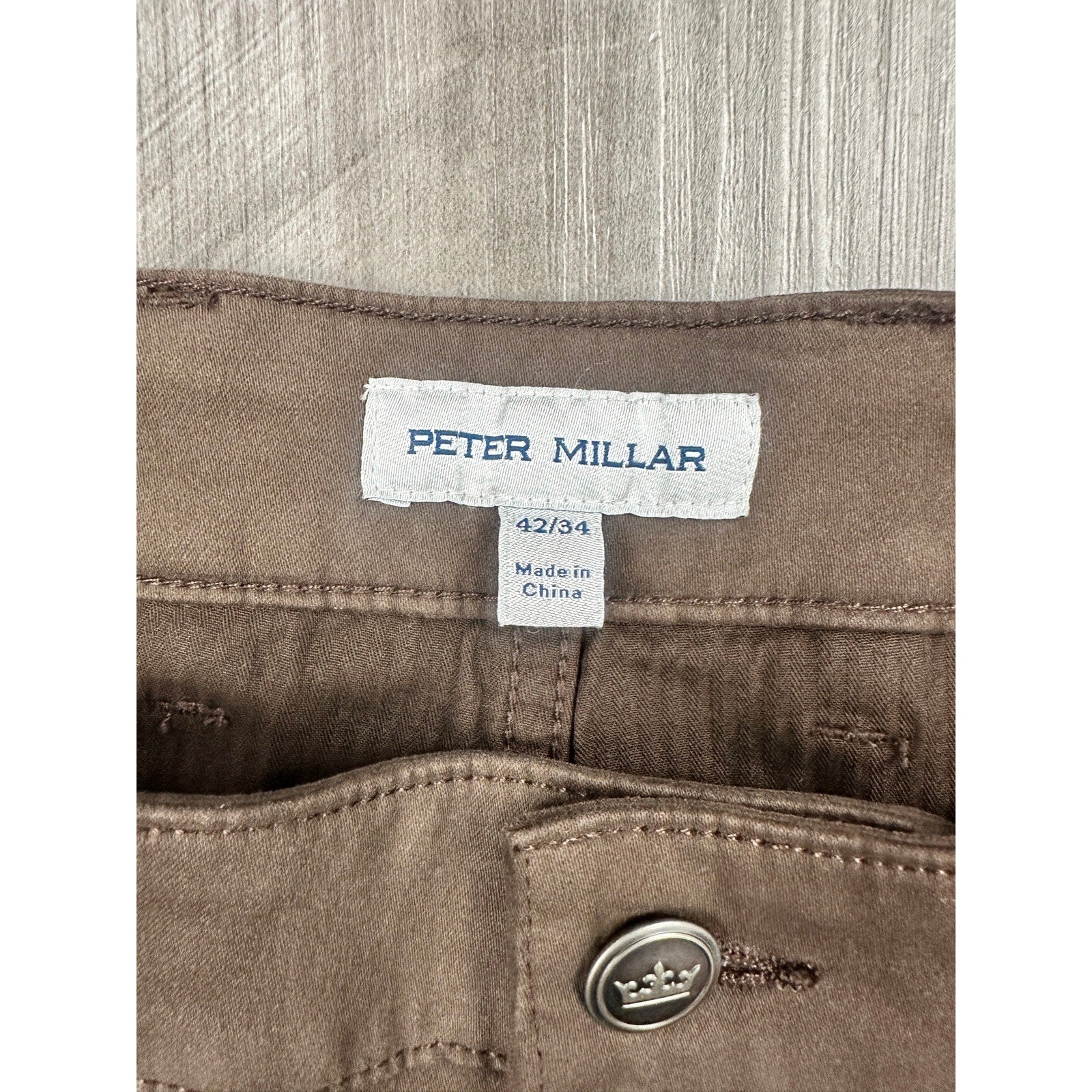 Peter Millar Signature Sateen 5 Pocket Chino Pants in French Press Brown — Size 42x34