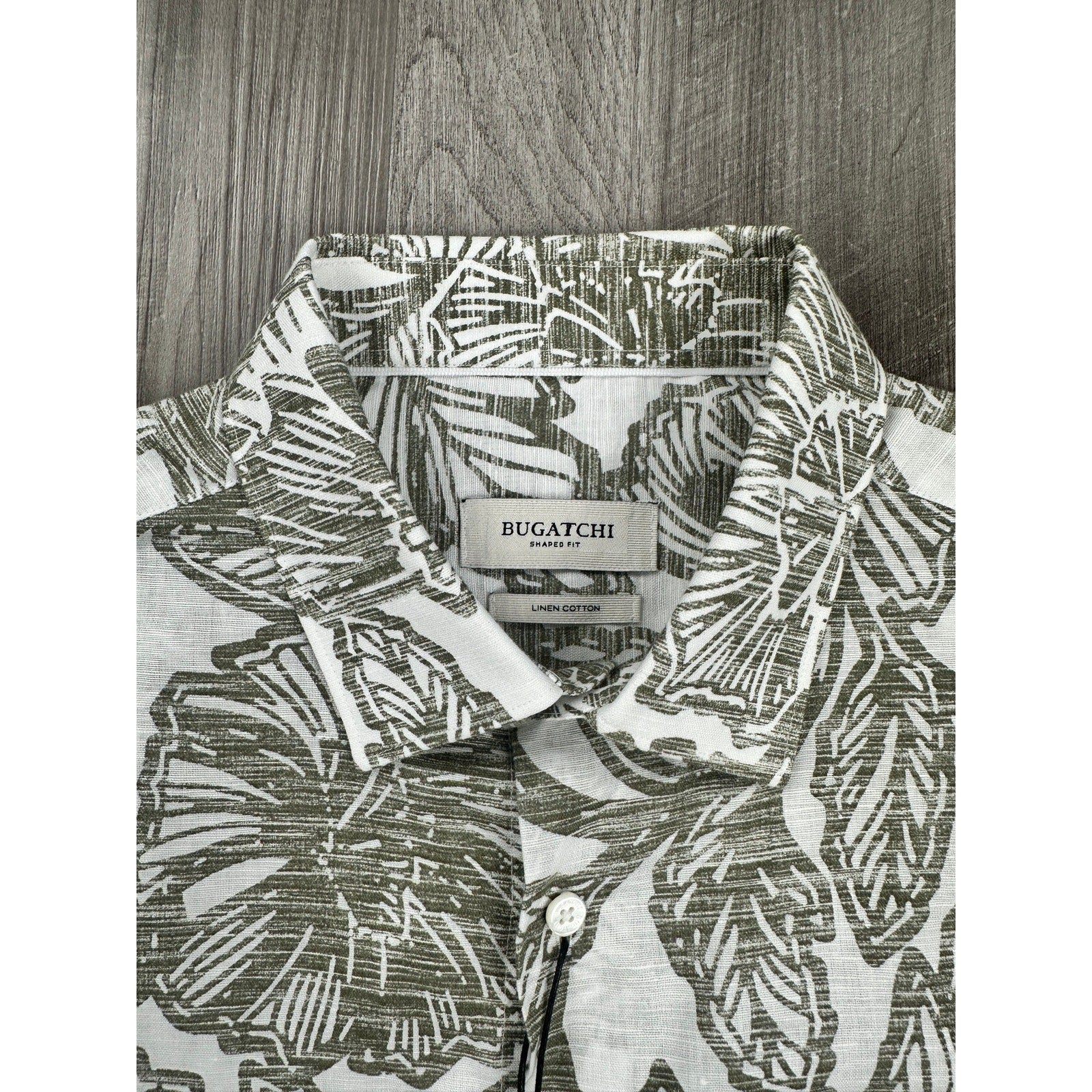 Bugatchi Julian Floral Linen Cotton Shaped Fit Long Sleeve Button Down in Olive White — Size Medium