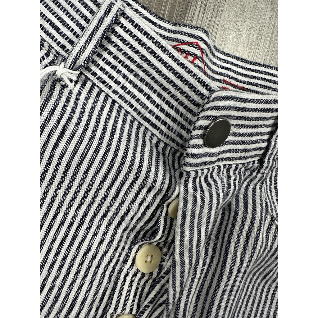 Alex Crane Cham Linen Feel Breezy Button Fly Lines Pants in Navy, Linen White — Size 28