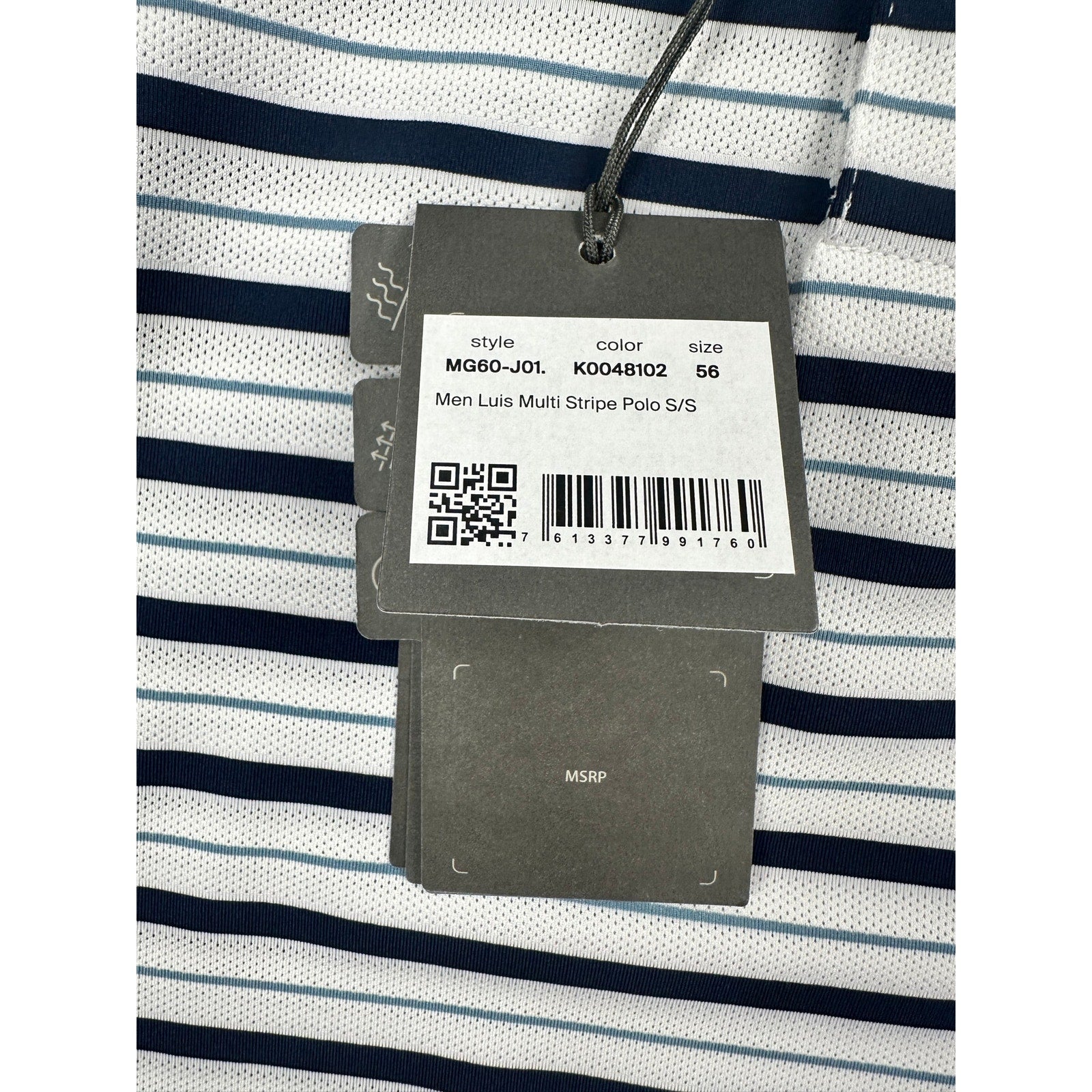 KJUS Luis Multi Stripe Comfort Fit Performance Polo in White, Navy, Slate Blue — Size 56 (2XL)