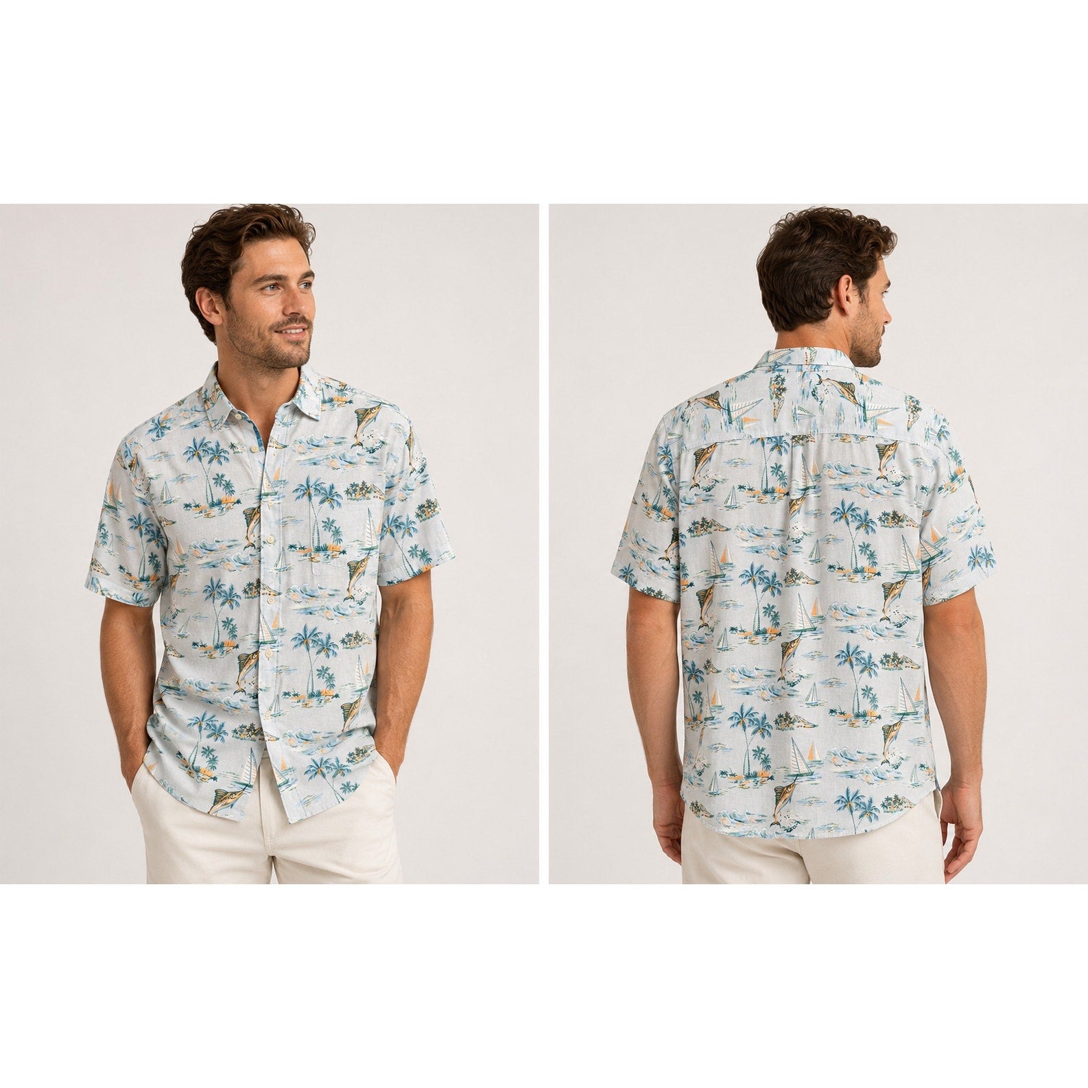 Tommy Bahama Sand Linen Sailfish Scenic Indigo Palms Short Sleeve Button Down in Dew Drop — Size Small
