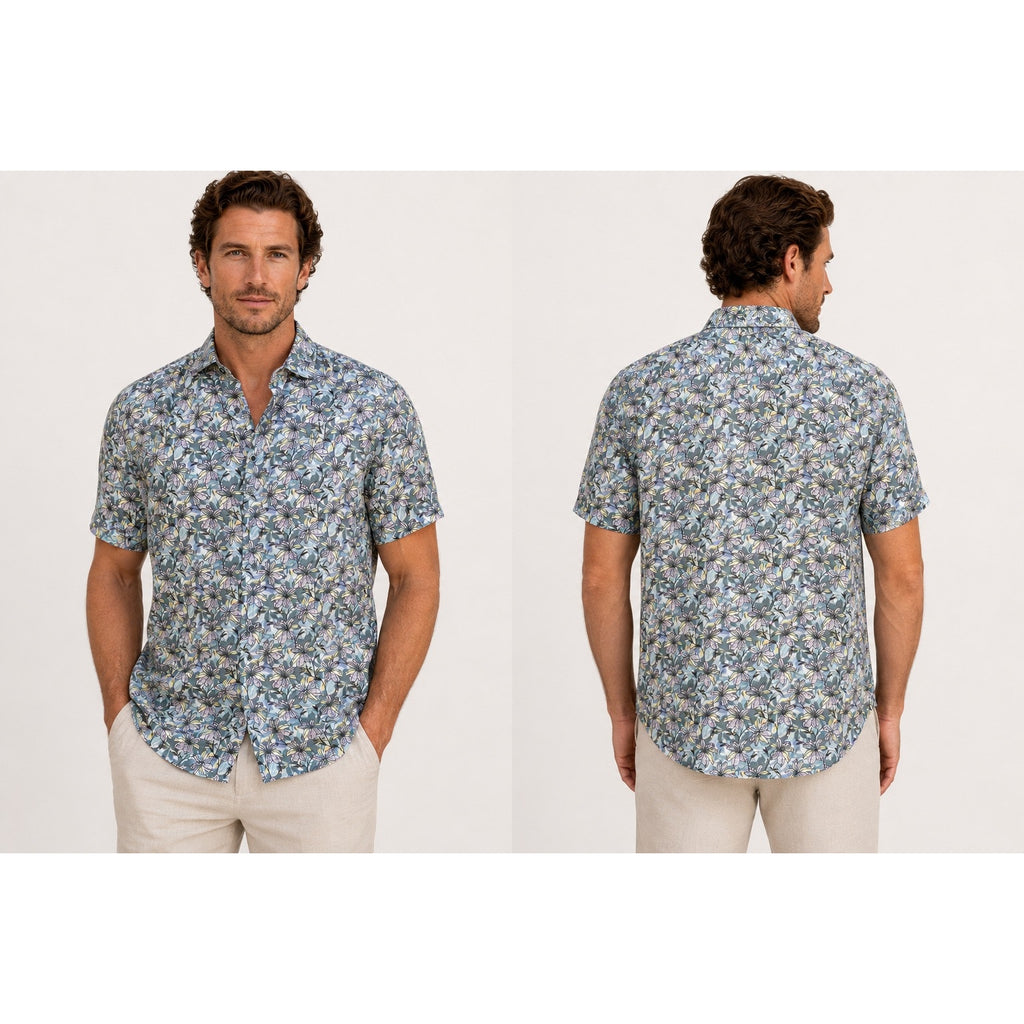 Robert Graham Silverman Classic Fit Floral Linen Short Sleeve Shirt in Gray, Purple, Yellow, Slate Blue — Size Small