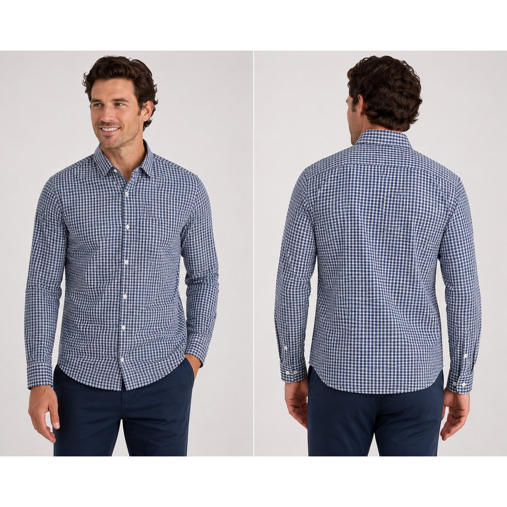 Mizzen+Main Leeward Trim Fit Performance Plaid Long Sleeve Button Down in Navy Red White — Size Medium // Preowned