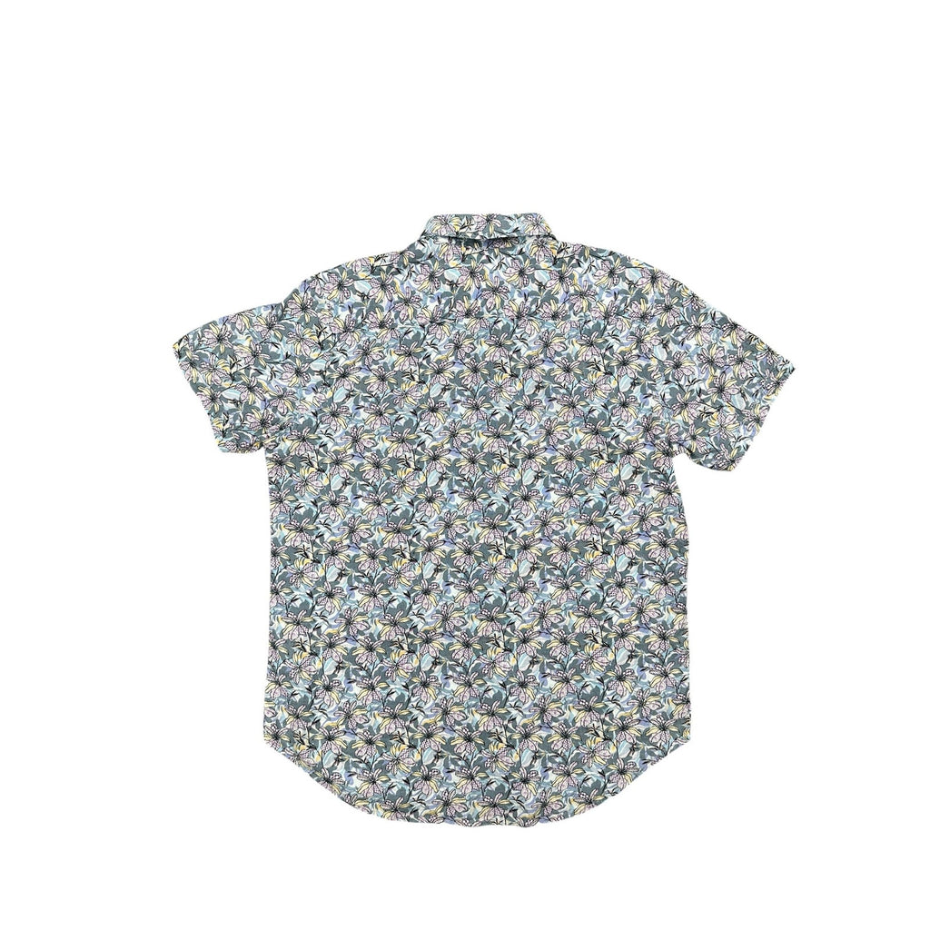 Robert Graham Silverman Classic Fit Floral Linen Short Sleeve Shirt in Gray, Purple, Yellow, Slate Blue — Size Small