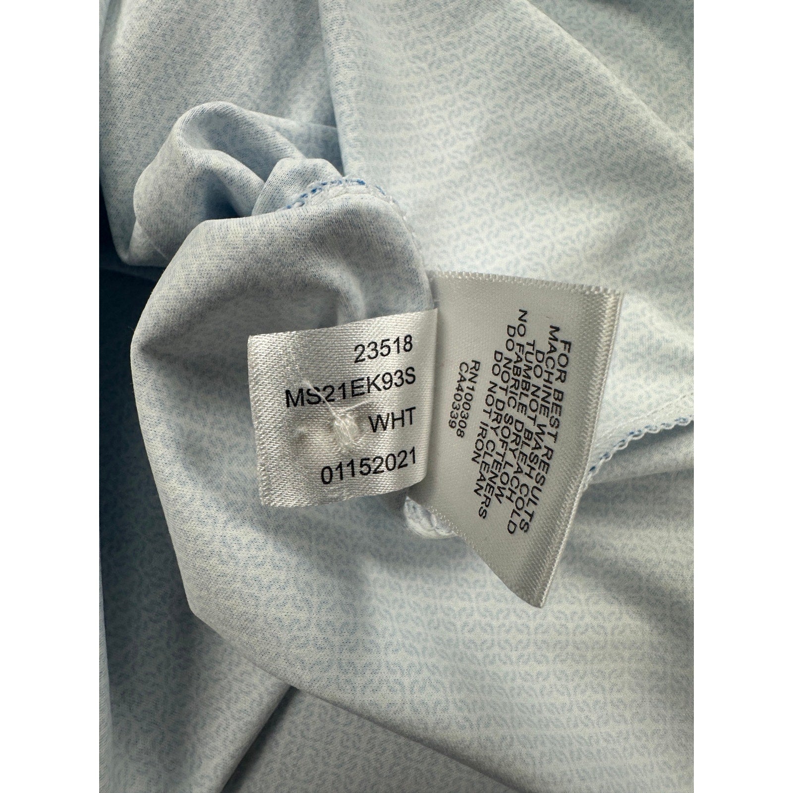Peter Millar Featherweight UPF 50+ Golf Polo in Blue Green and White Geo Print — Size Small // Preowned