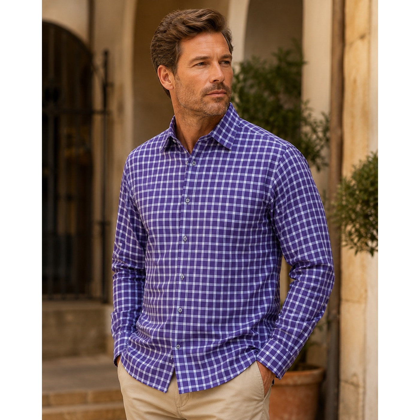 Robert Talbott Checkered Windowpane Long Sleeve Button Down in Purple Light Blue — Size Large // Preowned