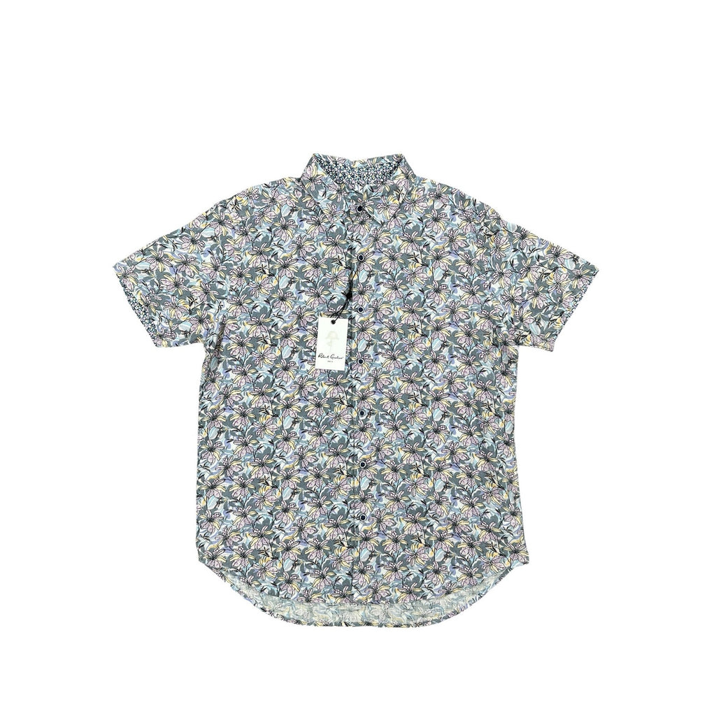 Robert Graham Silverman Classic Fit Floral Linen Short Sleeve Shirt in Gray, Purple, Yellow, Slate Blue — Size Small