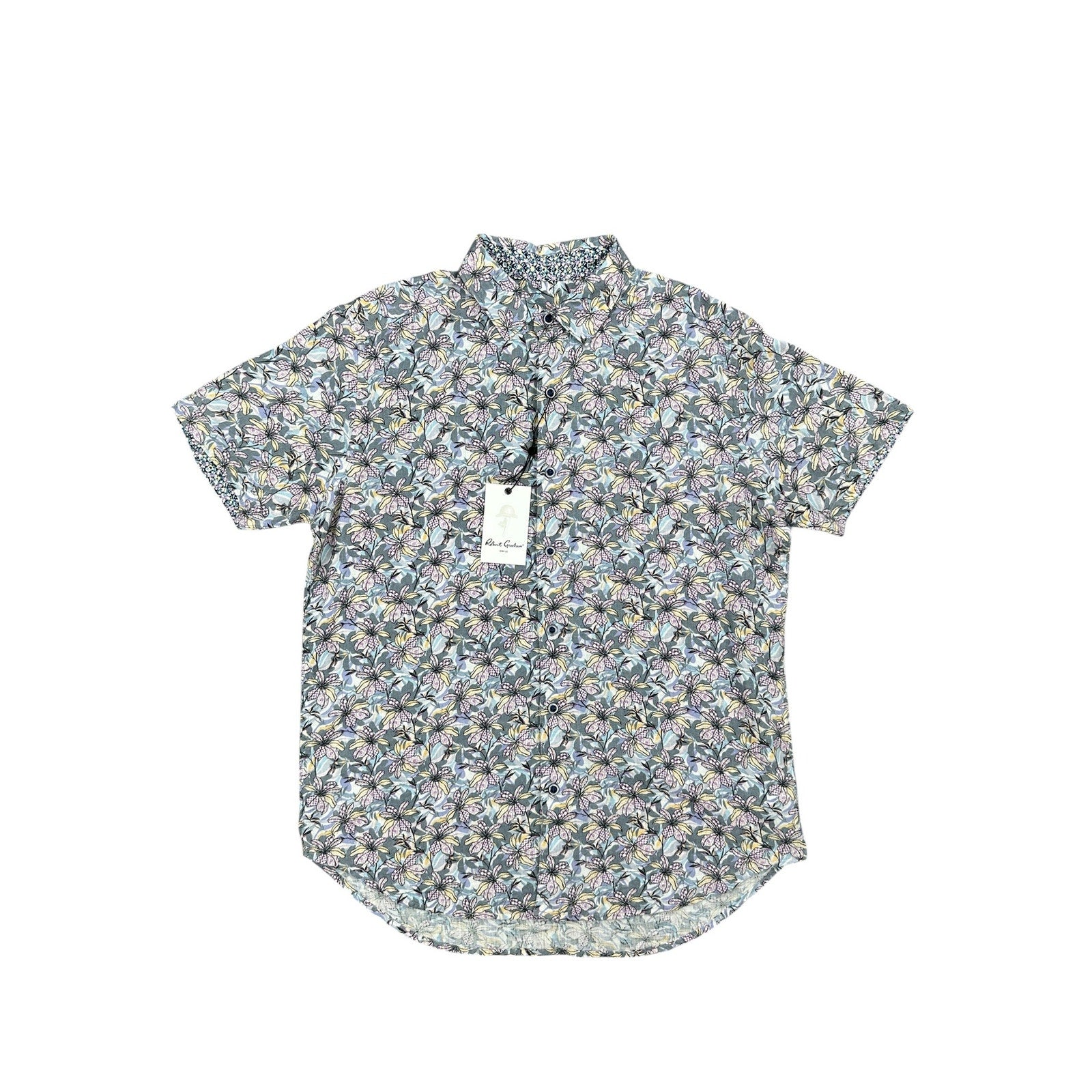 Robert Graham Silverman Classic Fit Floral Linen Short Sleeve Shirt in Gray, Purple, Yellow, Slate Blue — Size Small