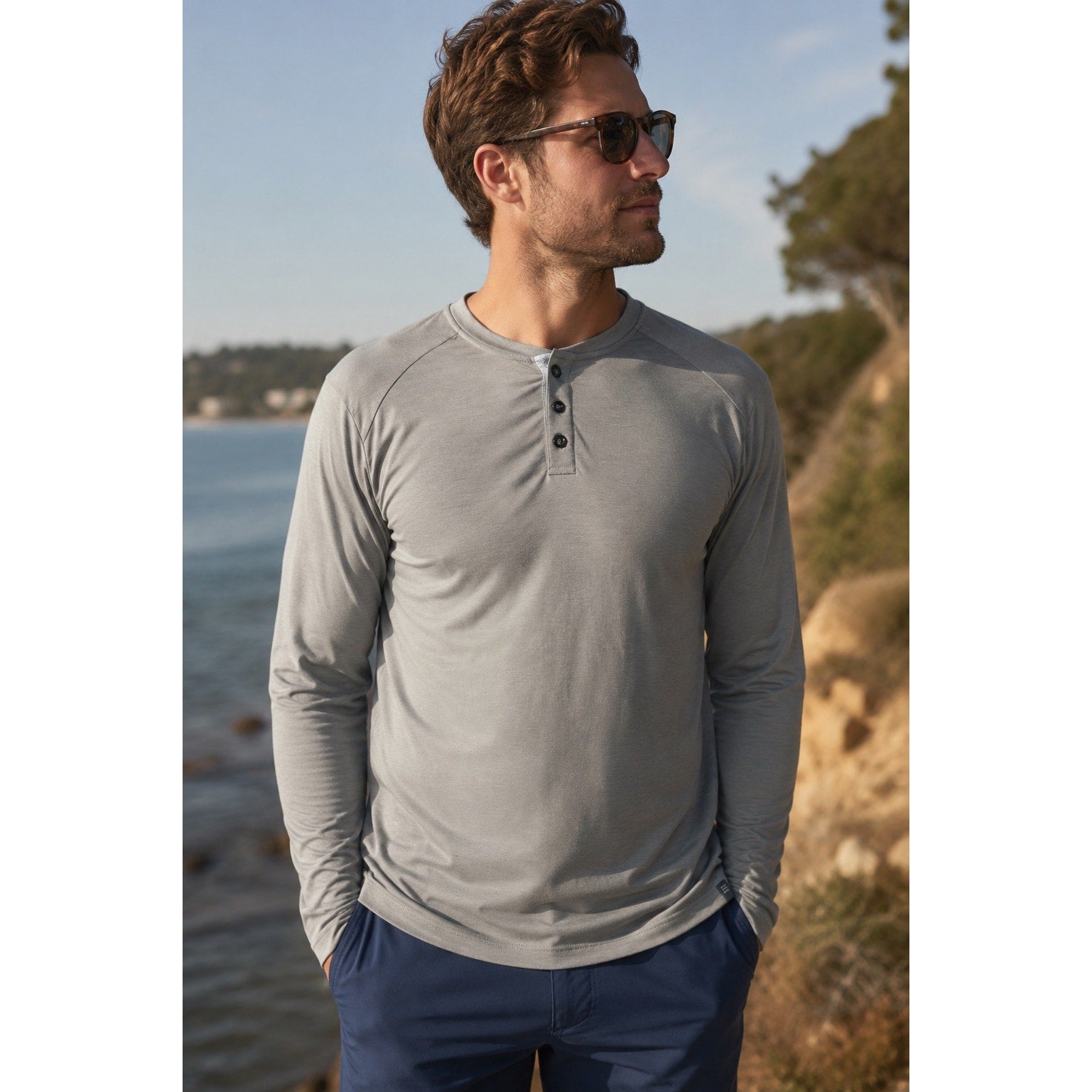 Free Fly Bamboo Flex Long Sleeve Henley in Gray — Size Large // Preowned