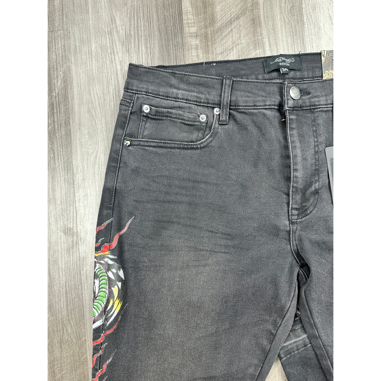 Ed Hardy Stacked Boot Cut Stretch Jeans in Black Wash — Size 34