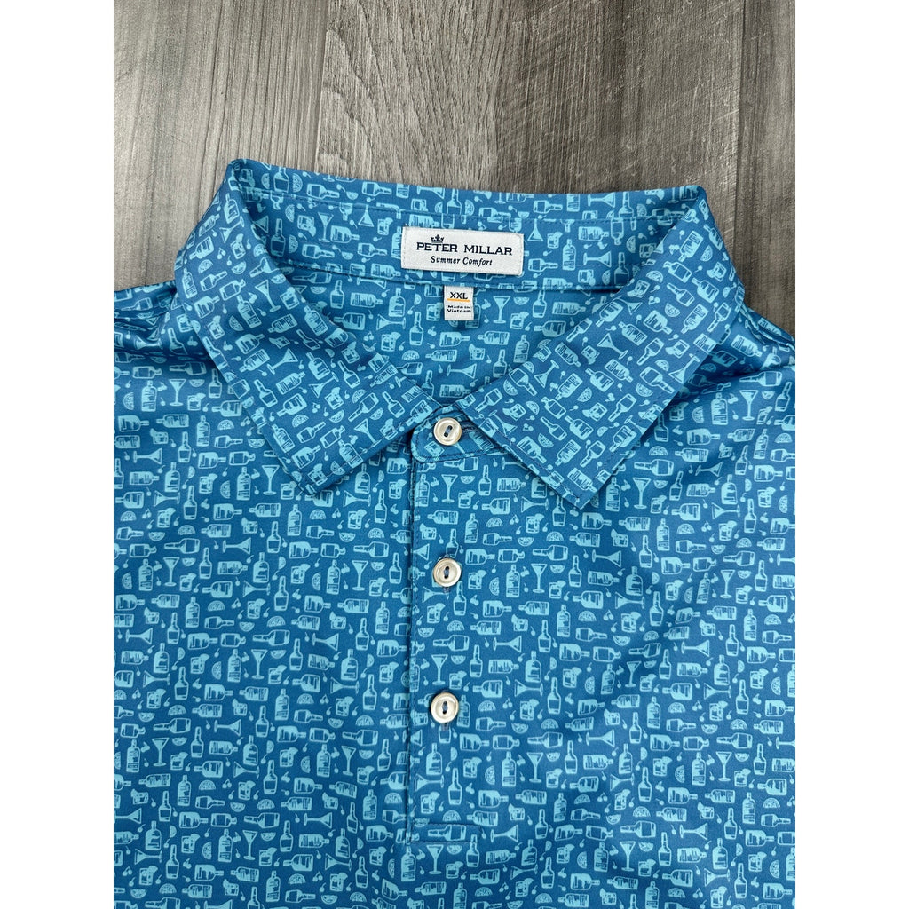Peter Millar Crown Sport Oak Print Bourbon Jersey Polo in Slate Blue — Size 2XL