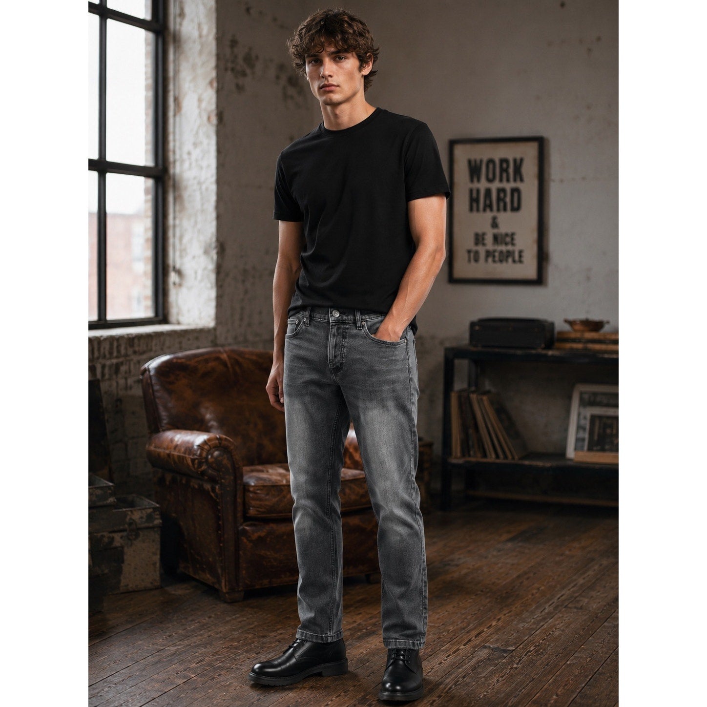 Mugsy Mags Modern Slim Straight Stretch Jean in Washed Black — Size 30x30 // Preowned