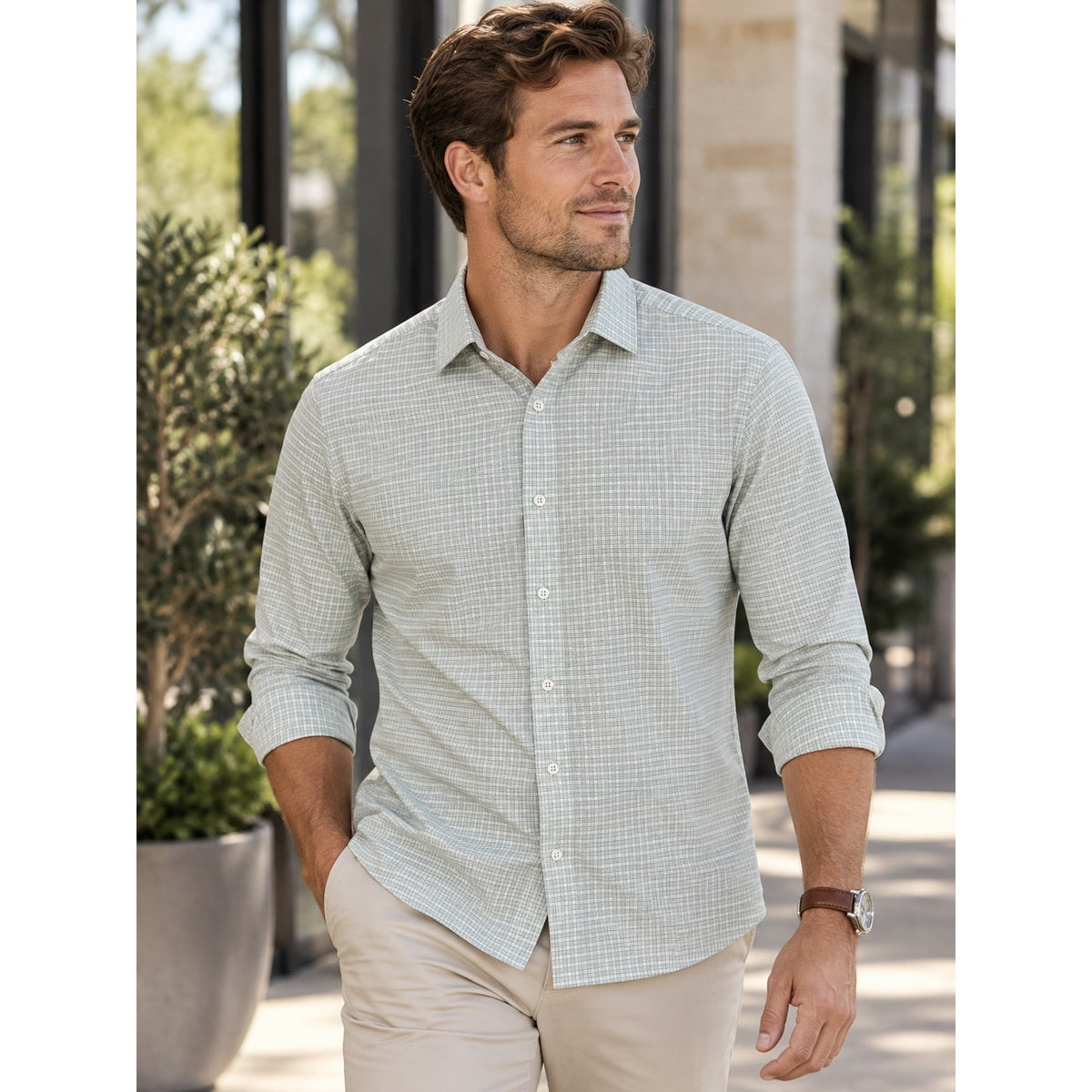 Mizzen+Main Leeward Collection Performance Plaid Trim Fit Long Sleeve Shirt — Size Medium // Preowned