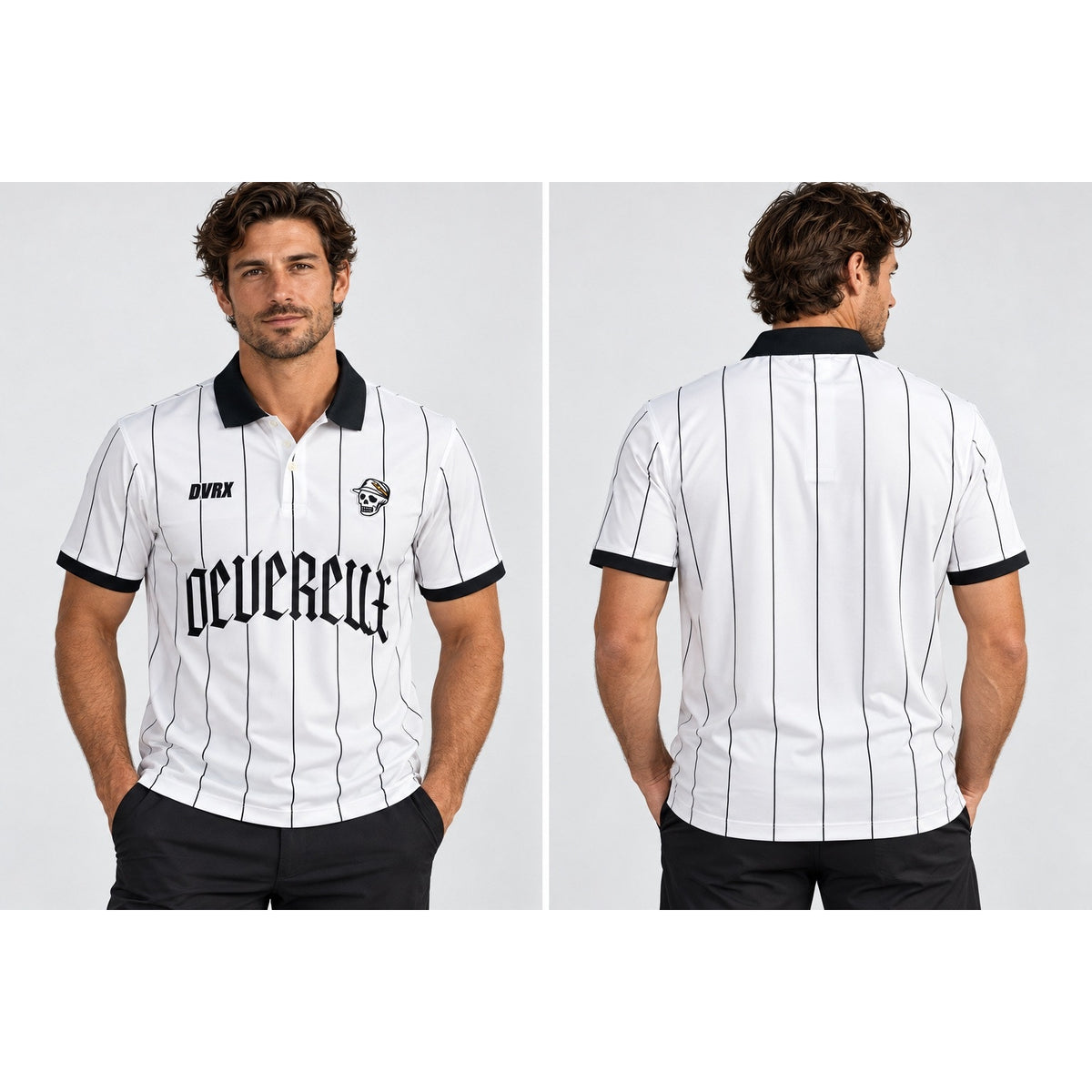 Devereux Golf DVRX Pinstripe Old English Skull Performance Polo — Size Small