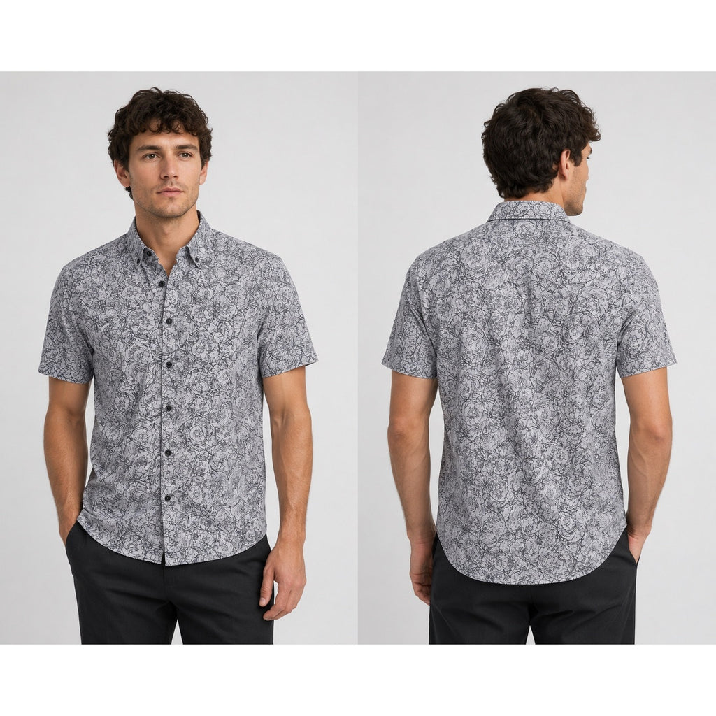Theory Zack PS Ranunculus Print Short Sleeve Shirt in Light Brown and Black — Size XL // Preowned