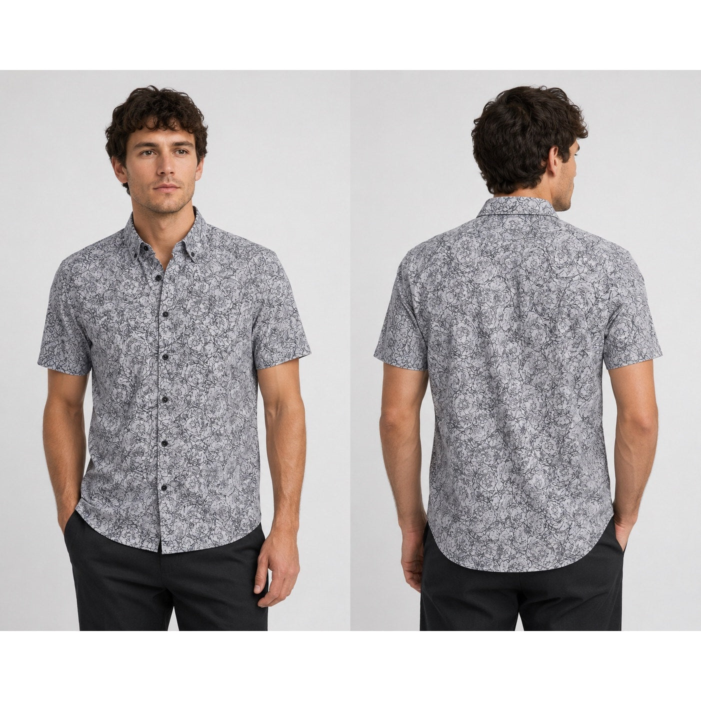 Theory Zack PS Ranunculus Print Short Sleeve Shirt in Light Brown and Black — Size XL // Preowned