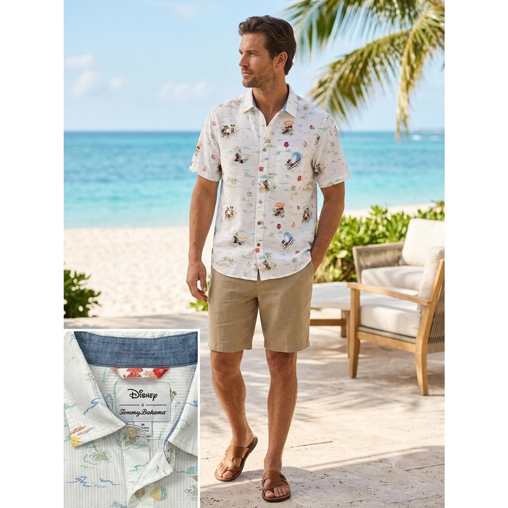 Disney x Tommy Bahama Short Sleeve Beach Vacation Shirt in White with Multi Print — Size Medium // Preowned