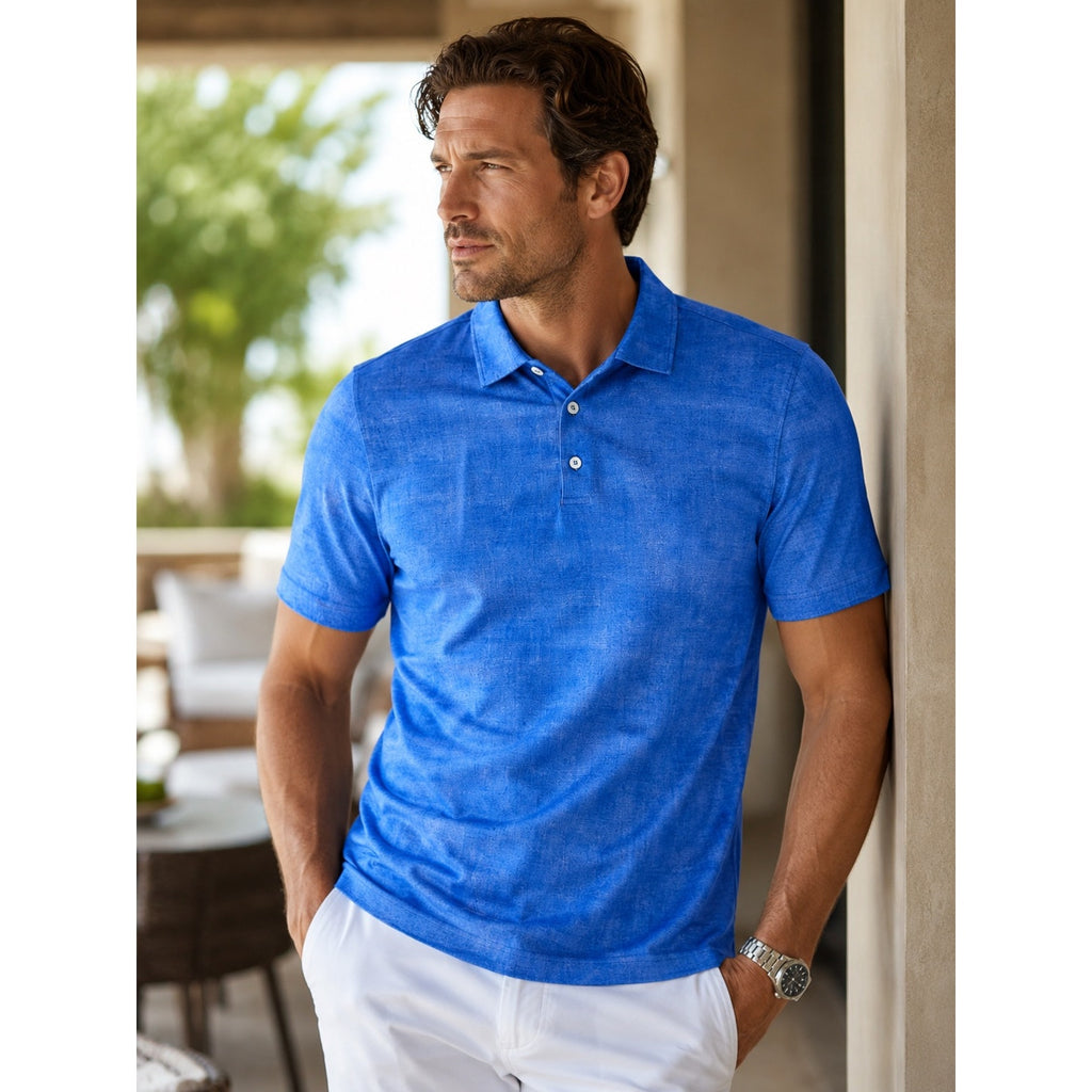 Bugatchi OoohCotton Tech 8-Way Stretch Polo in Classic Blue — Size Large // Preowned