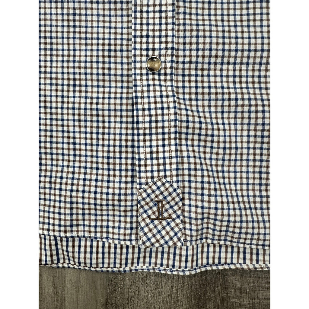 Lucchese Bootmaker Tattersall Plaid Western Long Sleeve Pearl Snap Button Down in Navy Brown and White — Size XL // Preowned
