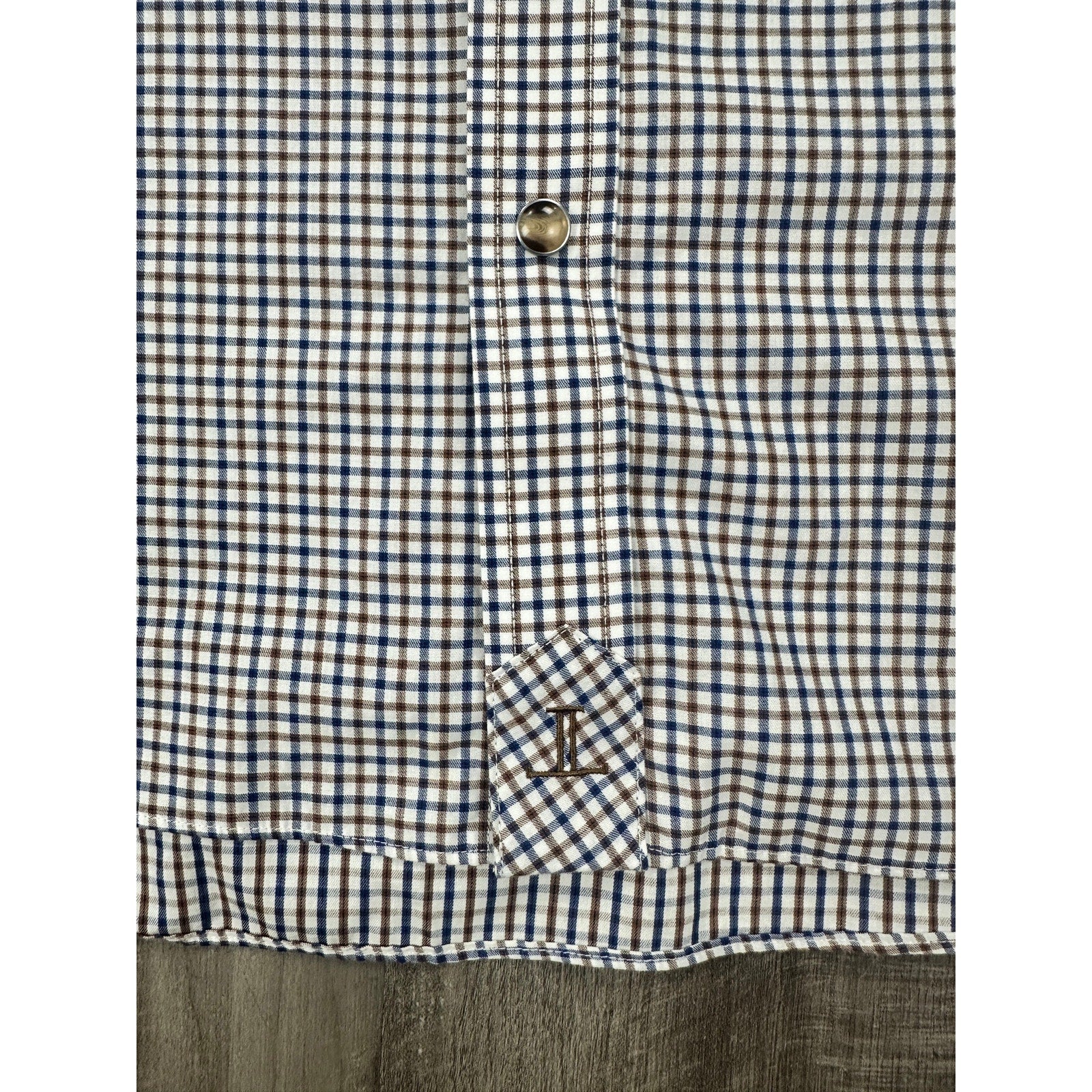 Lucchese Bootmaker Tattersall Plaid Western Long Sleeve Pearl Snap Button Down in Navy Brown and White — Size XL // Preowned