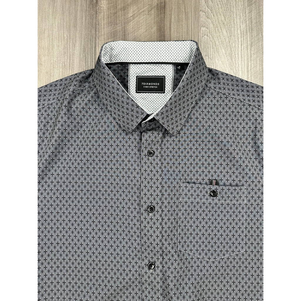 7 Diamonds Flawless 4 Way Stretch Woven Short Sleeve Shirt in Gray and Charcoal — Size Medium // Preowned