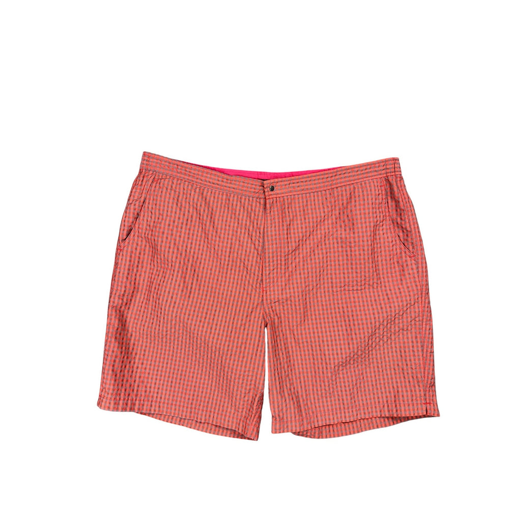 Peter Millar Seersucker Gingham Swim Trunks in Red, Gray — Size 2XL // Preowned