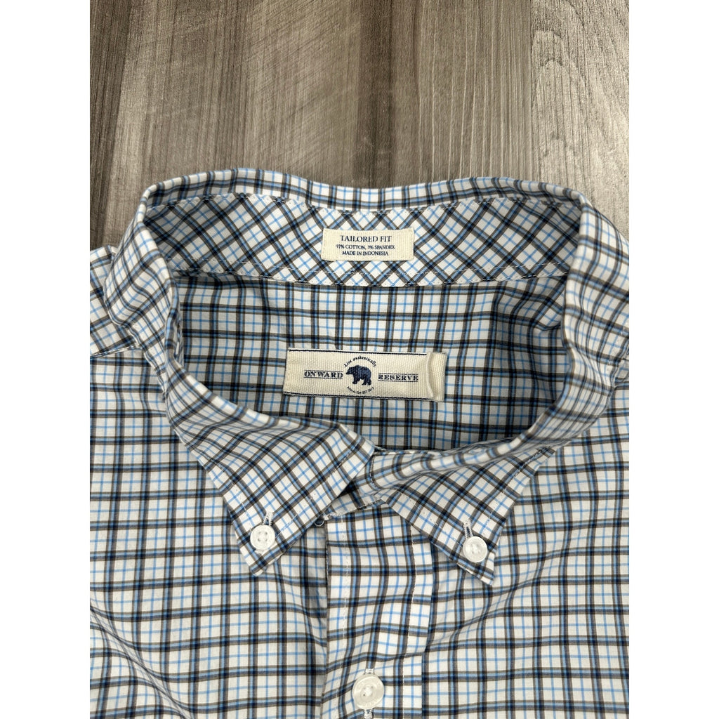Onward Reserve Tailored Fit Plaid Long Sleeve Button Down in White, Blue, Navy and Dark Tan — Size XL // Preowned