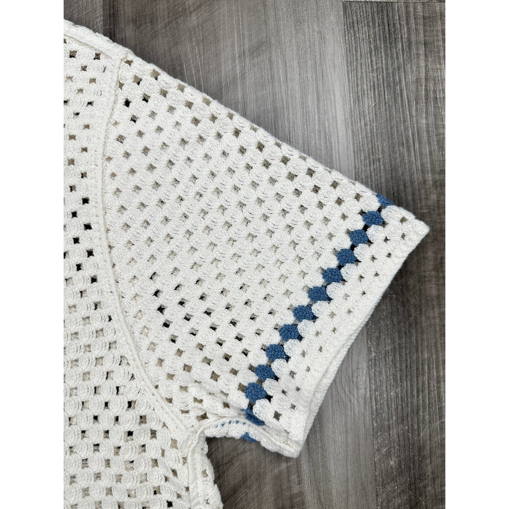 Marine Layer Archive Ace Crochet Resort Short Sleeve Shirt in Natural Border — Size Large