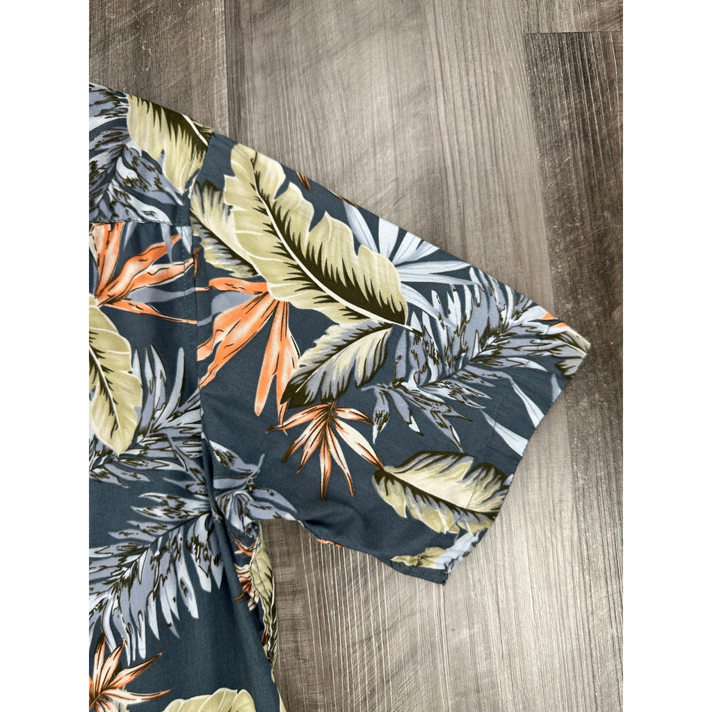 Ron Jon Surf Shop Hawaiian Tropical Short Sleeve Button Down in Dark Slate Blue Green Orange — Size Medium // Preowned