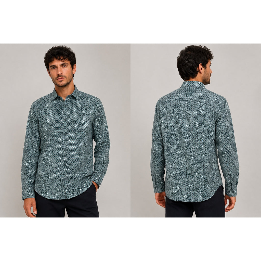 Desigual Abstract Happy Every Time Regular Fit Long Sleeve Shirt in Hunter Green, Brown, Light Cream — Size Small // Preowned