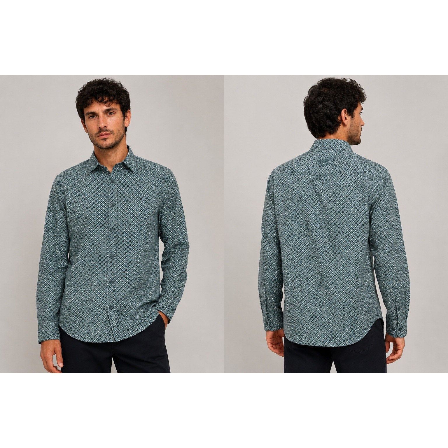 Desigual Abstract Happy Every Time Regular Fit Long Sleeve Shirt in Hunter Green, Brown, Light Cream — Size Small // Preowned
