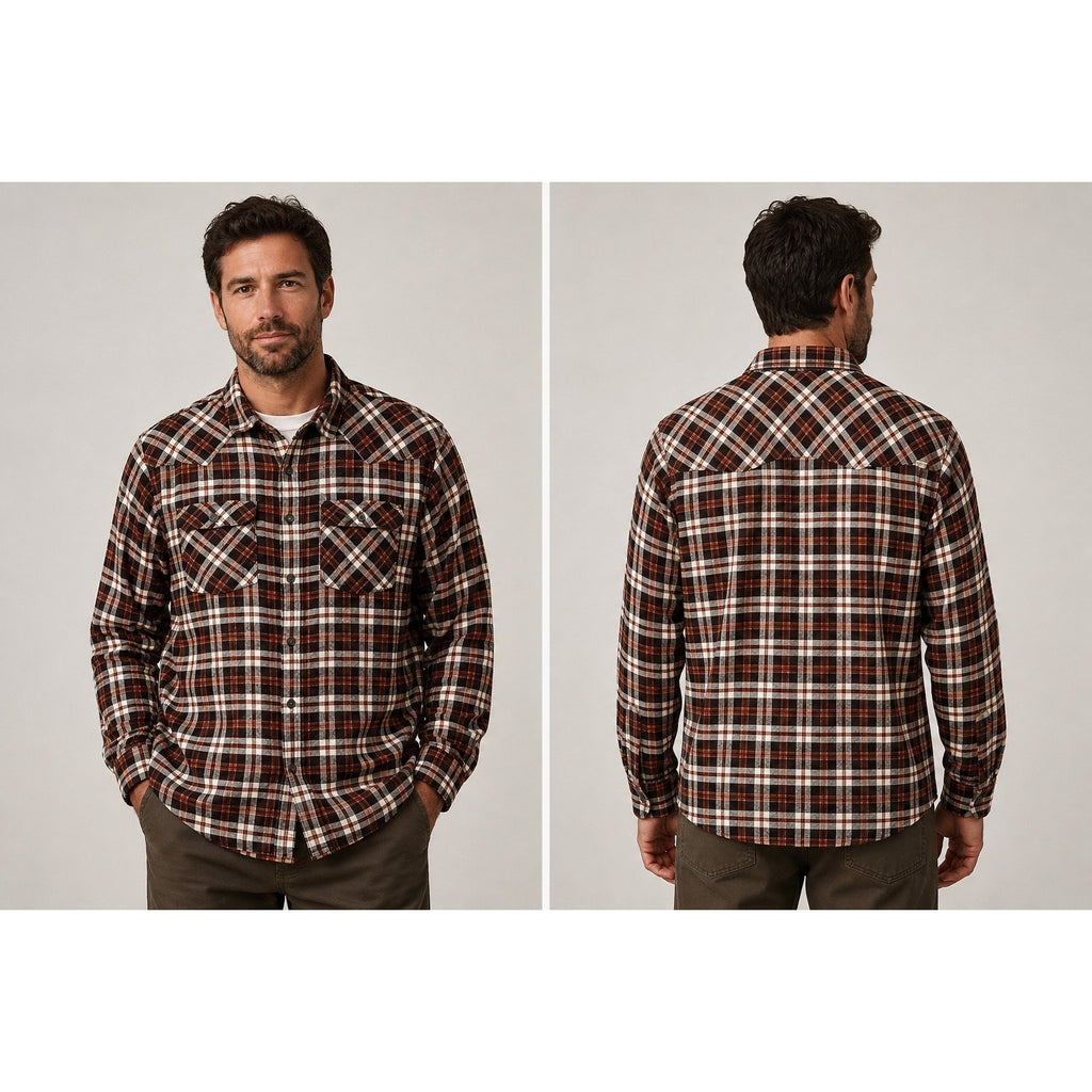 Simms Santee Flannel Camp Plaid Long Sleeve Shirt in Mahogany, Tan — Size XL // Preowned