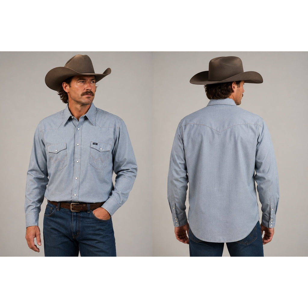 Wrangler Cowboy Cut Work Chambray Long Sleeve Pearl Snap Button Down in Light Blue Chambray — Size 17x34 (XL)