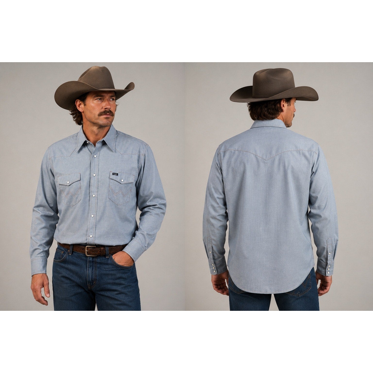 Wrangler Cowboy Cut Work Chambray Long Sleeve Pearl Snap Button Down in Light Blue Chambray — Size 17x34 (XL)