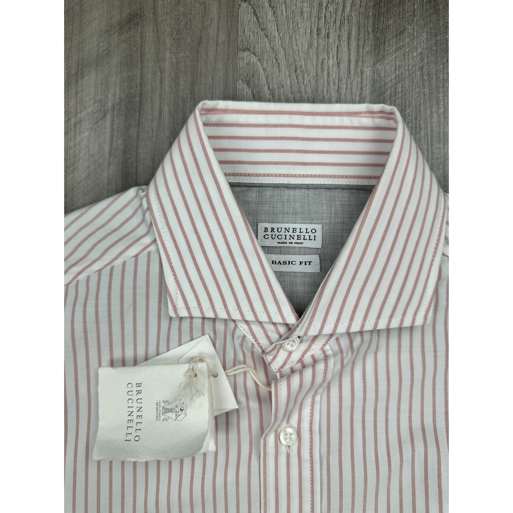 Brunello Cucinelli Made in Italy Basic Fit Striped Long Sleeve Button Down in White Coral — Size Medium