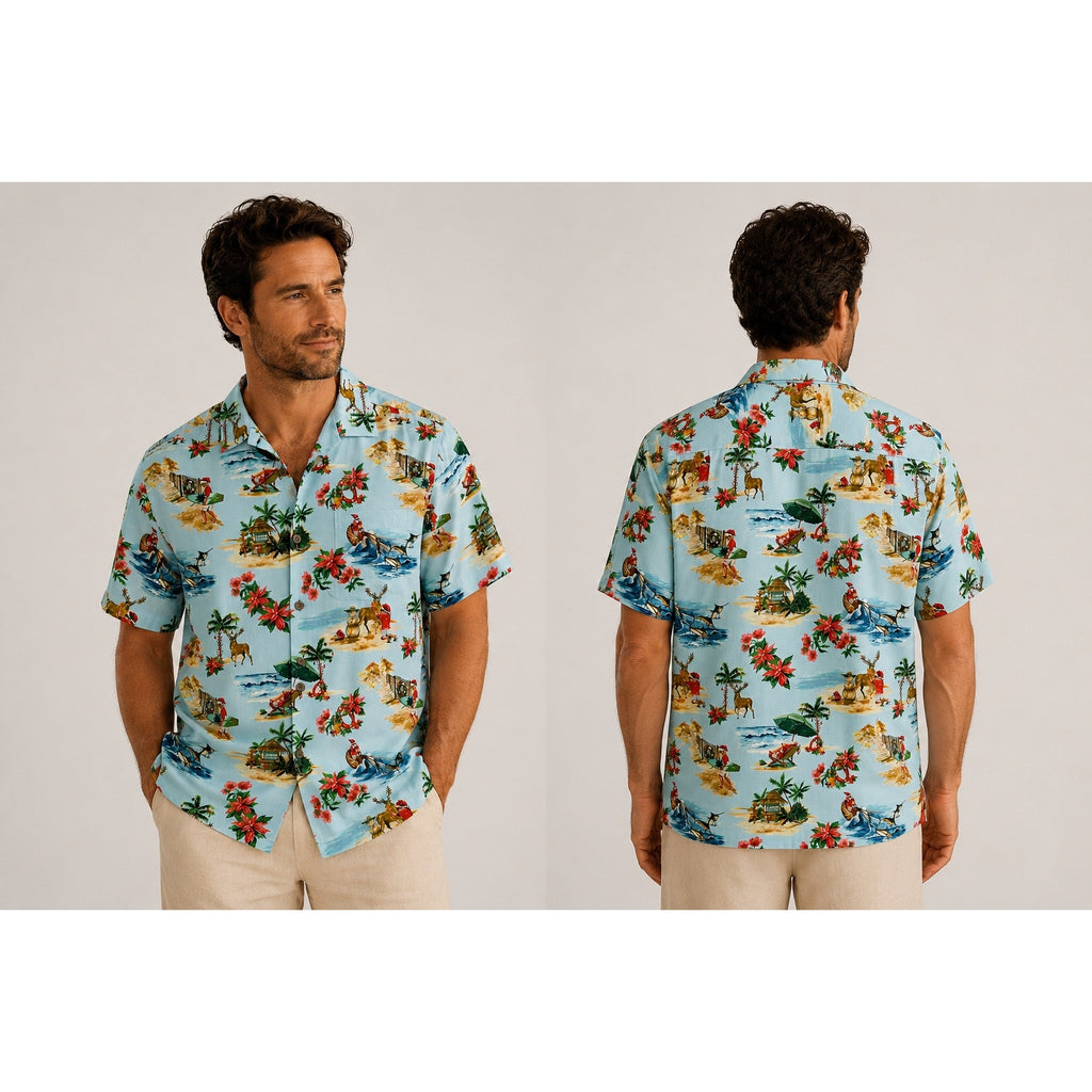 Tommy Bahama Santa Shores Tropical Hawaiian Christmas Short Sleeve Button Down in Light Sky — Size XS