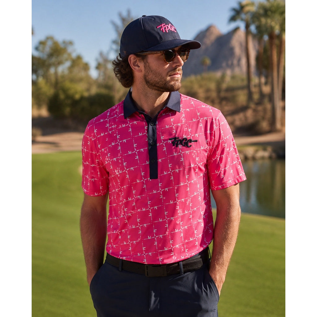 Trailer Park Golf Club Classy Rifle Golf Polo in Pink, White and Navy — Size Large