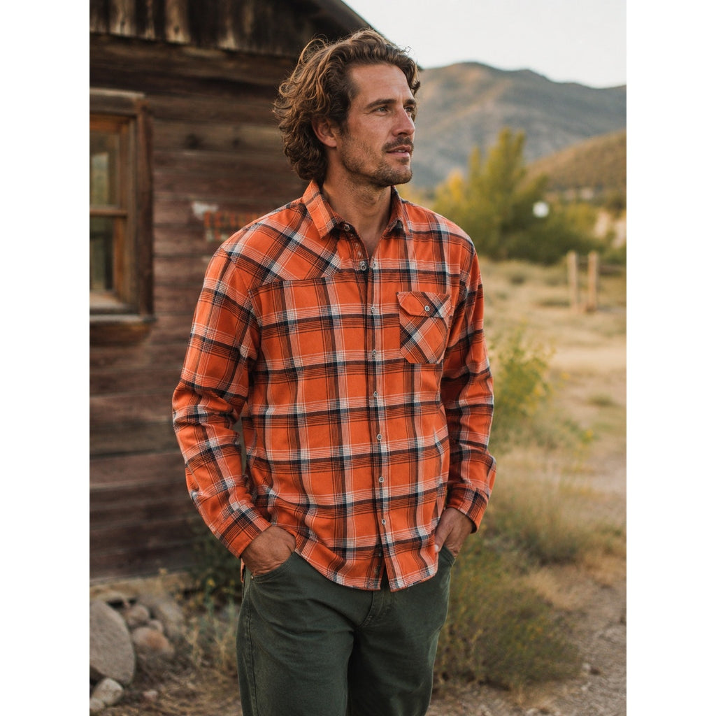 Howler Bros Harker Flannel Plaid Long Sleeve Shirt in Burnt Orange, Black, Gray — Size XL // Preowned
