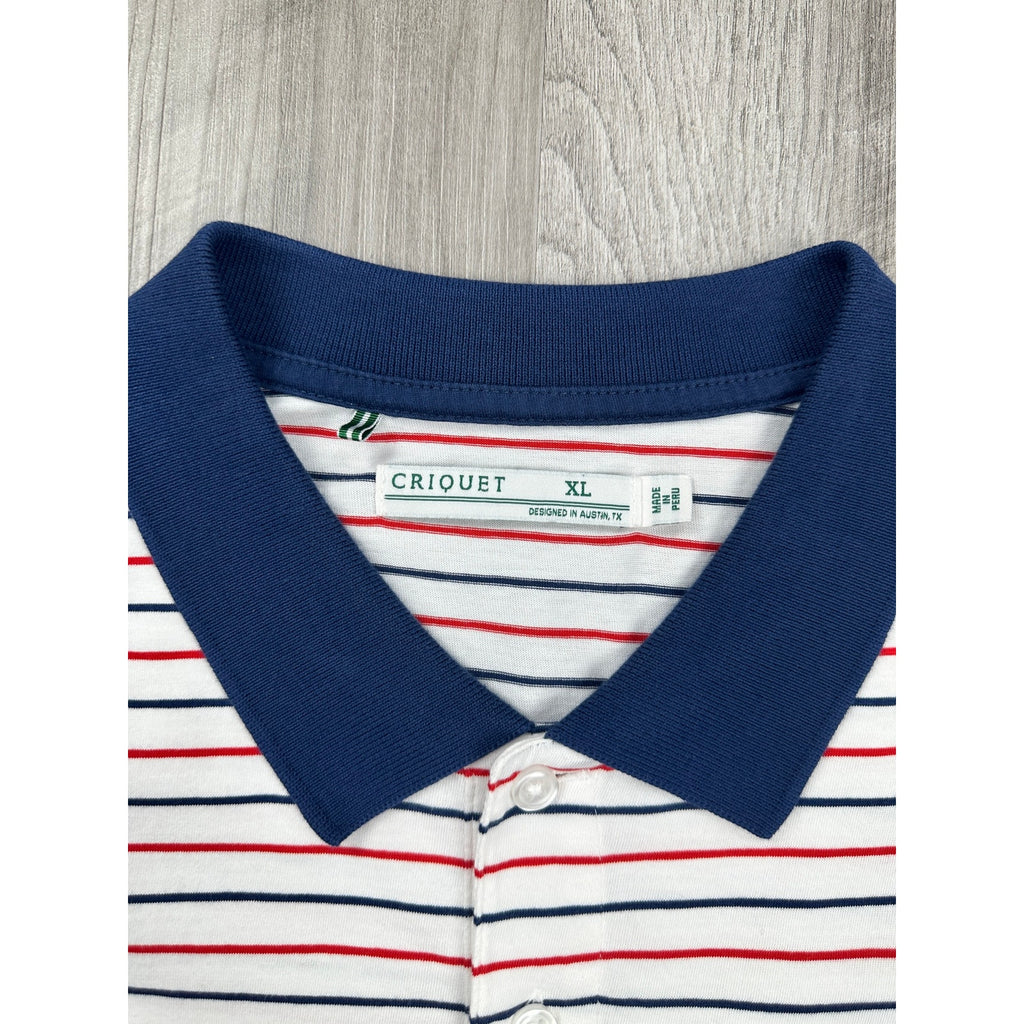 Criquet Classic Players Shirt Striped Polo White Red Navy Pima Cotton — Size XL