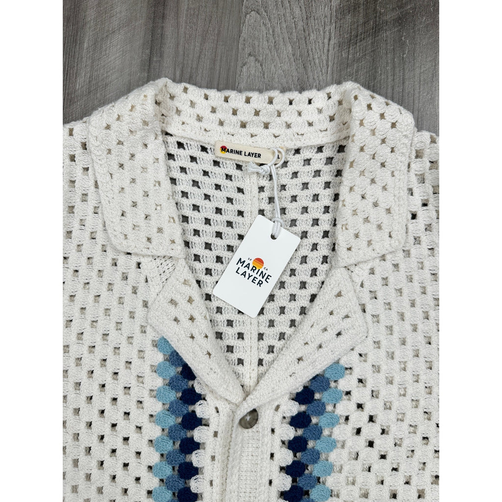 Marine Layer Archive Ace Crochet Resort Short Sleeve Shirt in Natural Border — Size Large