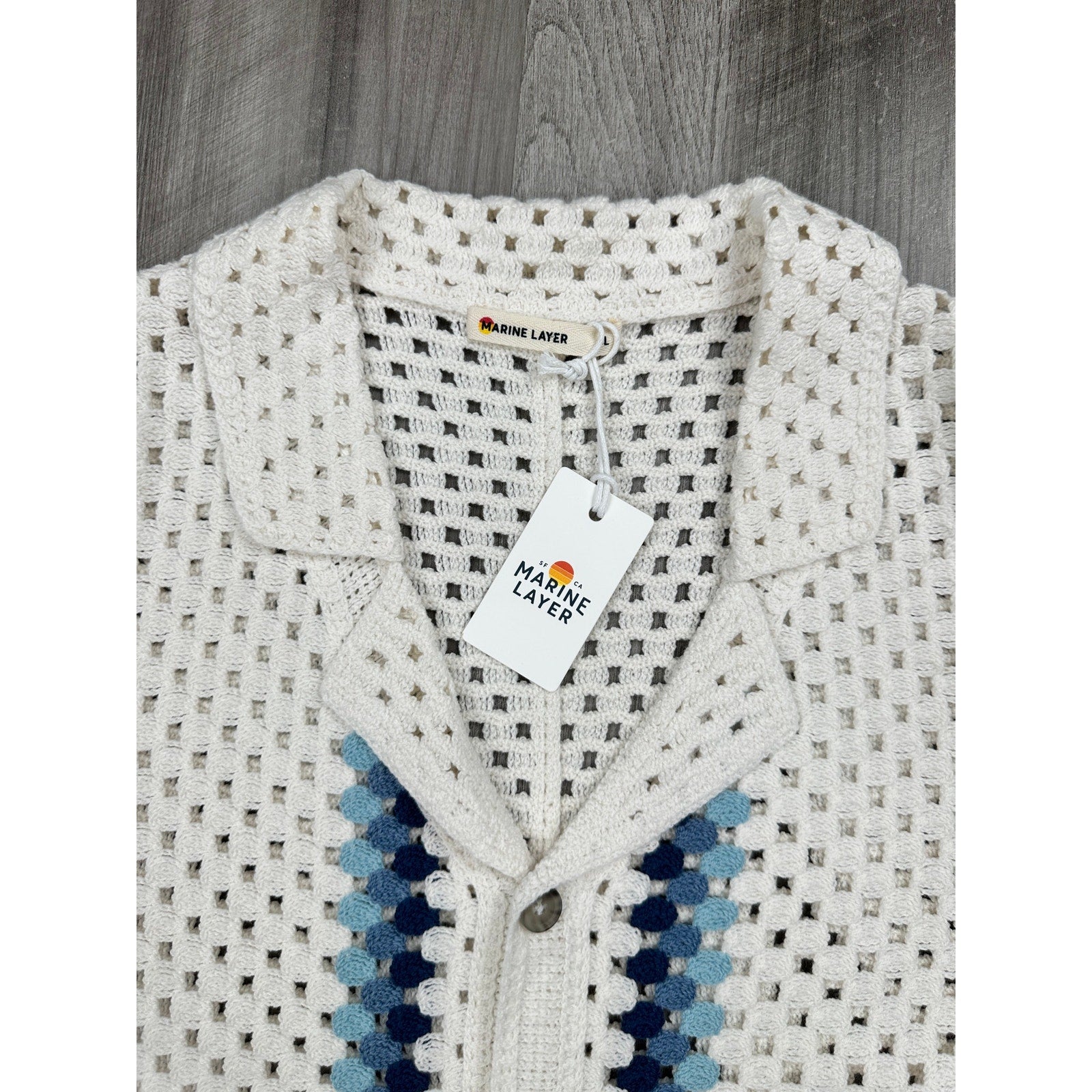 Marine Layer Archive Ace Crochet Resort Short Sleeve Shirt in Natural Border — Size Large