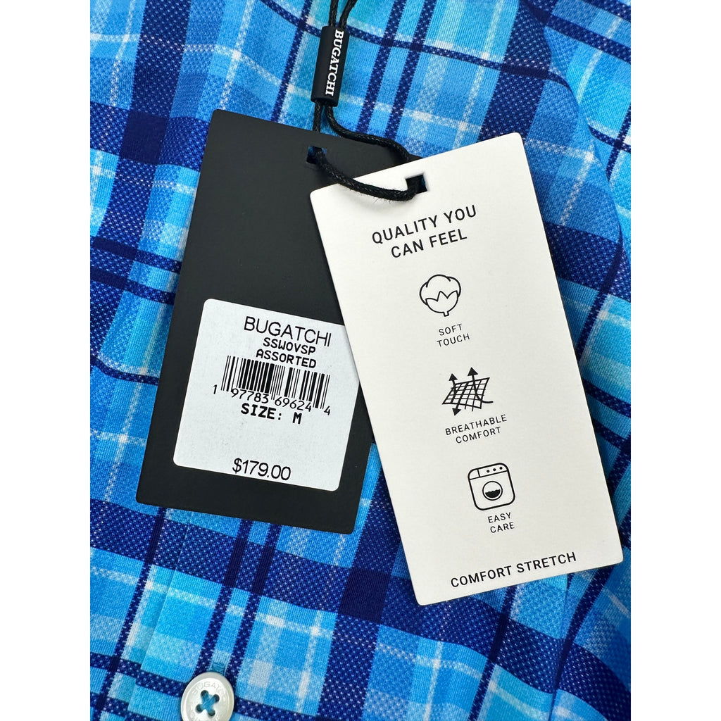 Bugatchi Plaid OoohCotton 8 Way Stretch Short Sleeve Shirt in Classic Blue — Size Medium