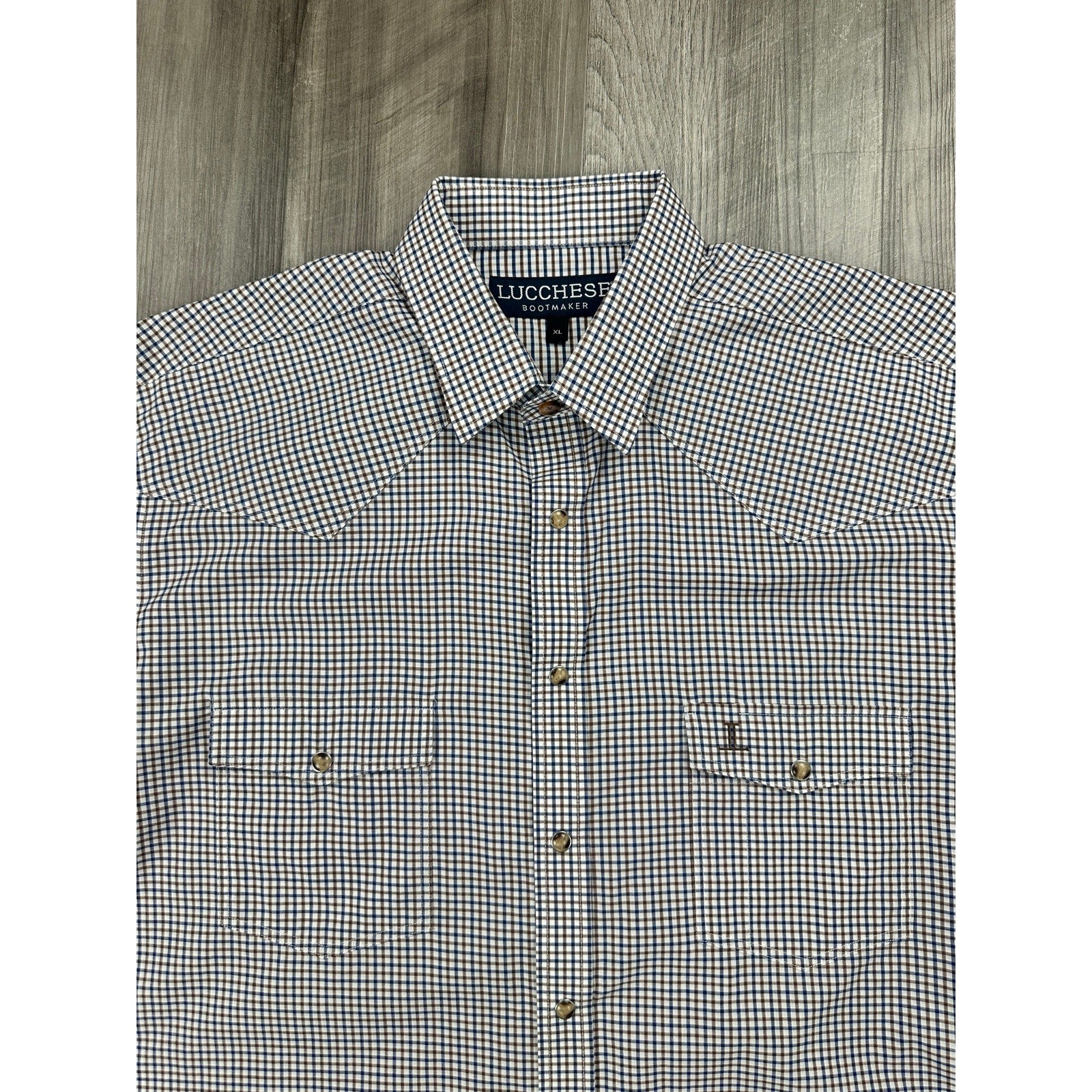 Lucchese Bootmaker Tattersall Plaid Western Long Sleeve Pearl Snap Button Down in Navy Brown and White — Size XL // Preowned