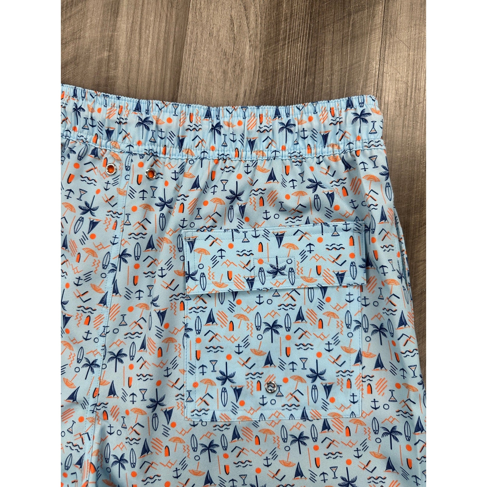 Robert Graham Beach Days Swim Trunks in Light Blue Navy and Orange — Size Large