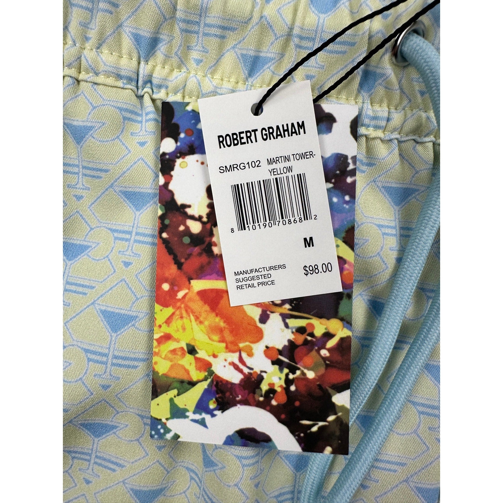 Robert Graham Martini Tower Swim Trunks in Yellow Light Blue and White — Size Medium