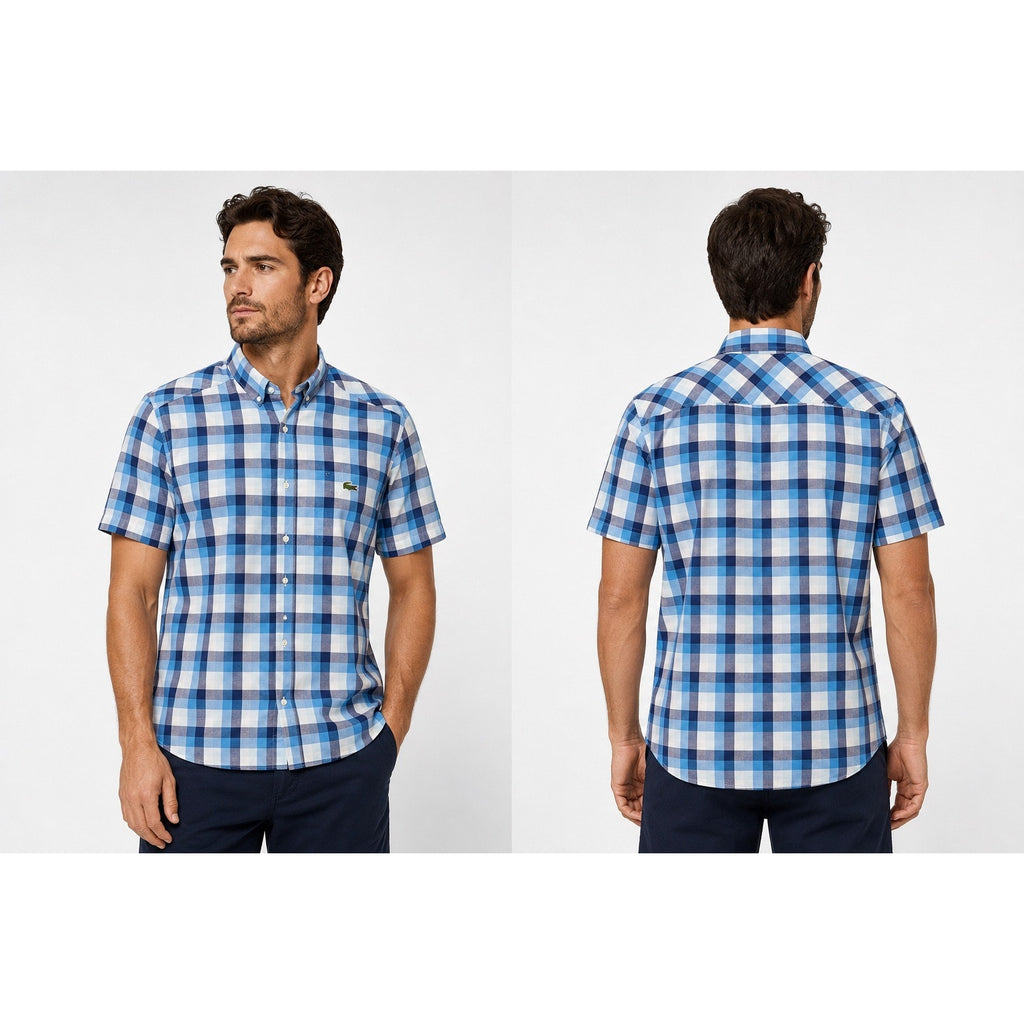 Lacoste Sport Trim Fit Checkered Short Sleeve Shirt in Blue, White — Size 39 (Medium) // Preowned