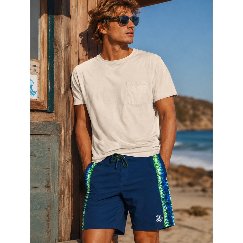 Section 119 x Grateful Dead Bolt Skeleton Hybrid Board Shorts in Navy with Green White Blue Stripes — Size 34